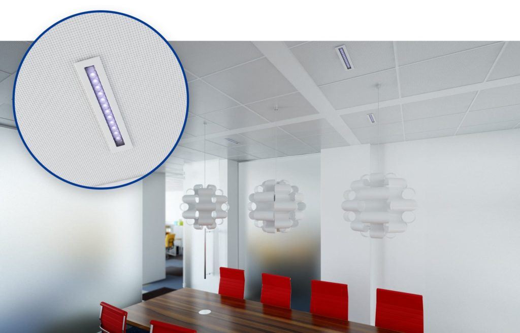 Système de désinfection par UV intégré pour zone de bureaux, travail, salle de réunion.